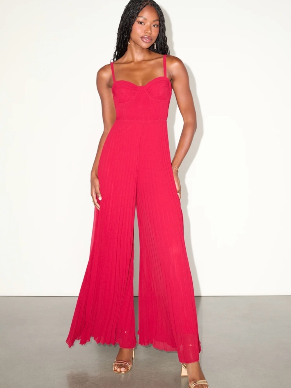 Lulu's Vibrant Red Pleated Wide-Leg Jumpsuit